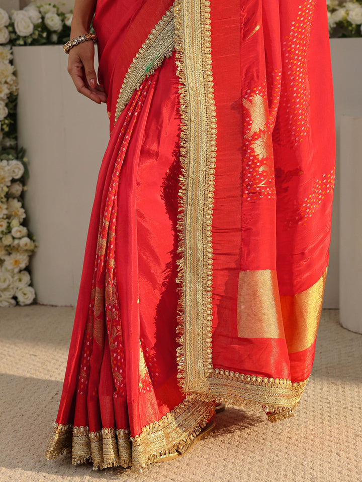 Libas Art Orange Floral Woven Design Satin Saree With Unstitched Blouse Piece