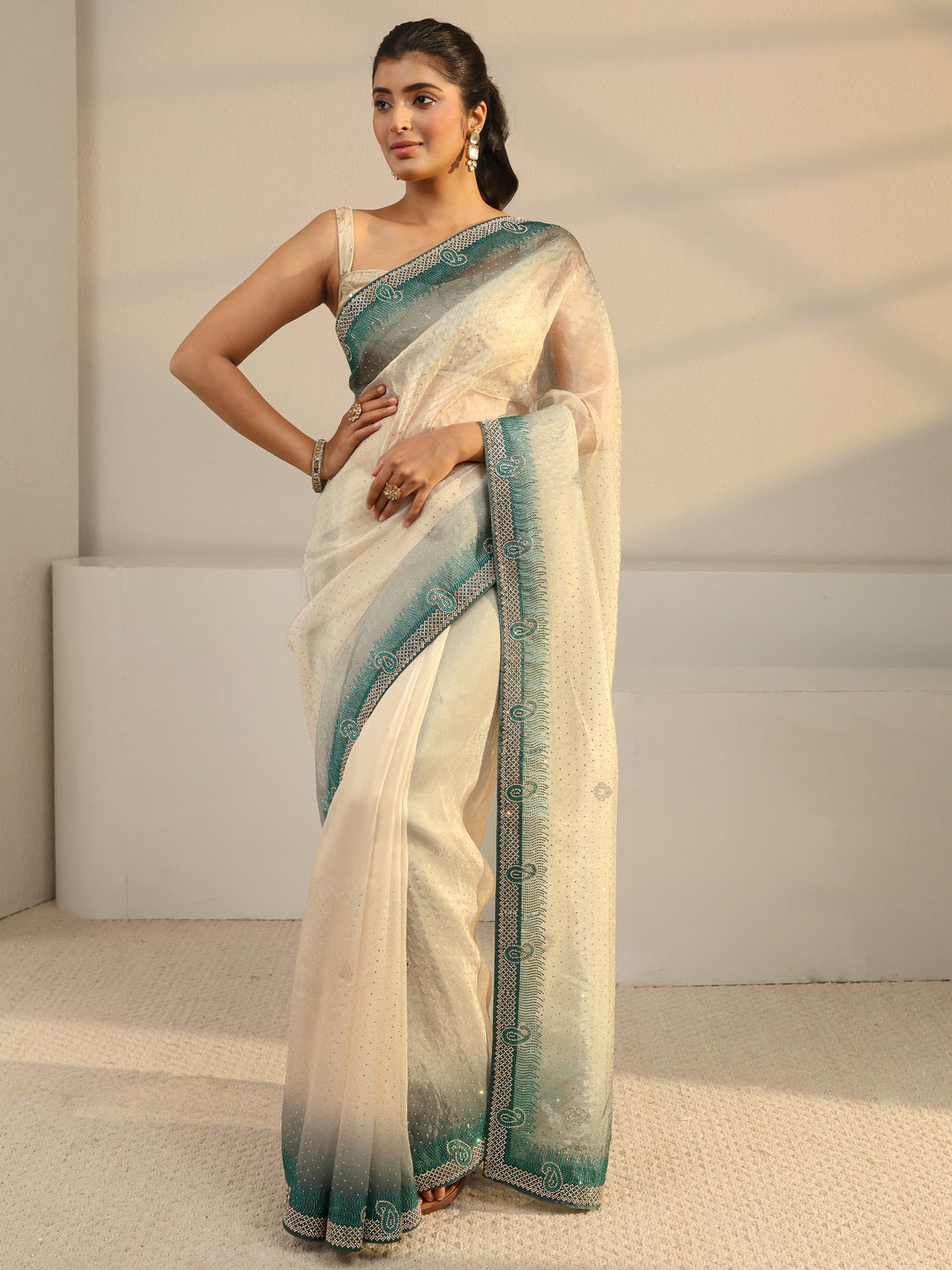Libas Art Ivory Paisley Embellished Tissue Saree With Unstitched Blouse Piece