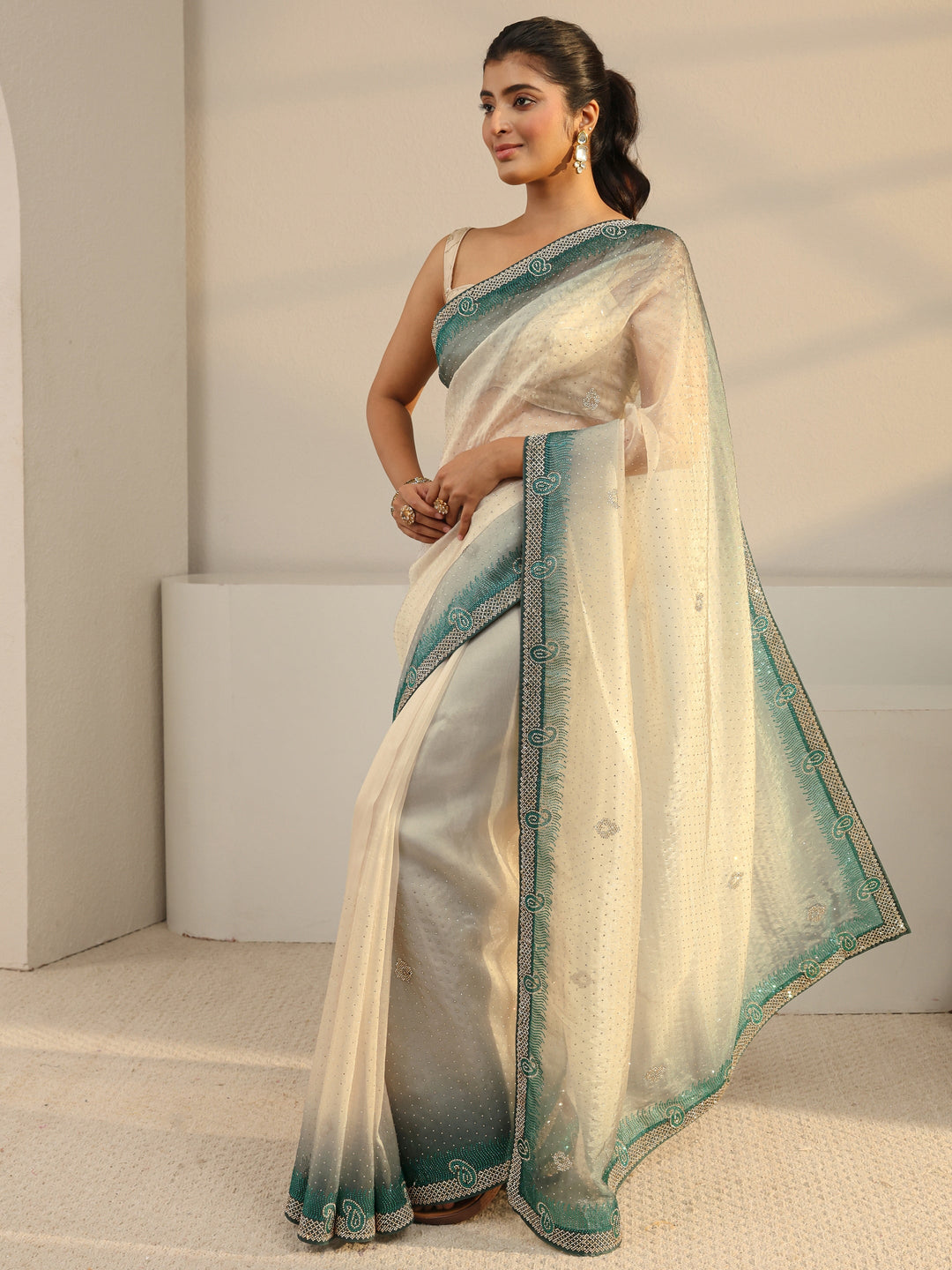 Libas Art Ivory Paisley Embellished Tissue Saree With Unstitched Blouse Piece