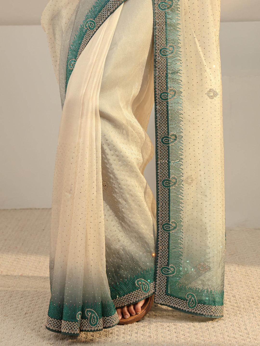Libas Art Ivory Paisley Embellished Tissue Saree With Unstitched Blouse Piece