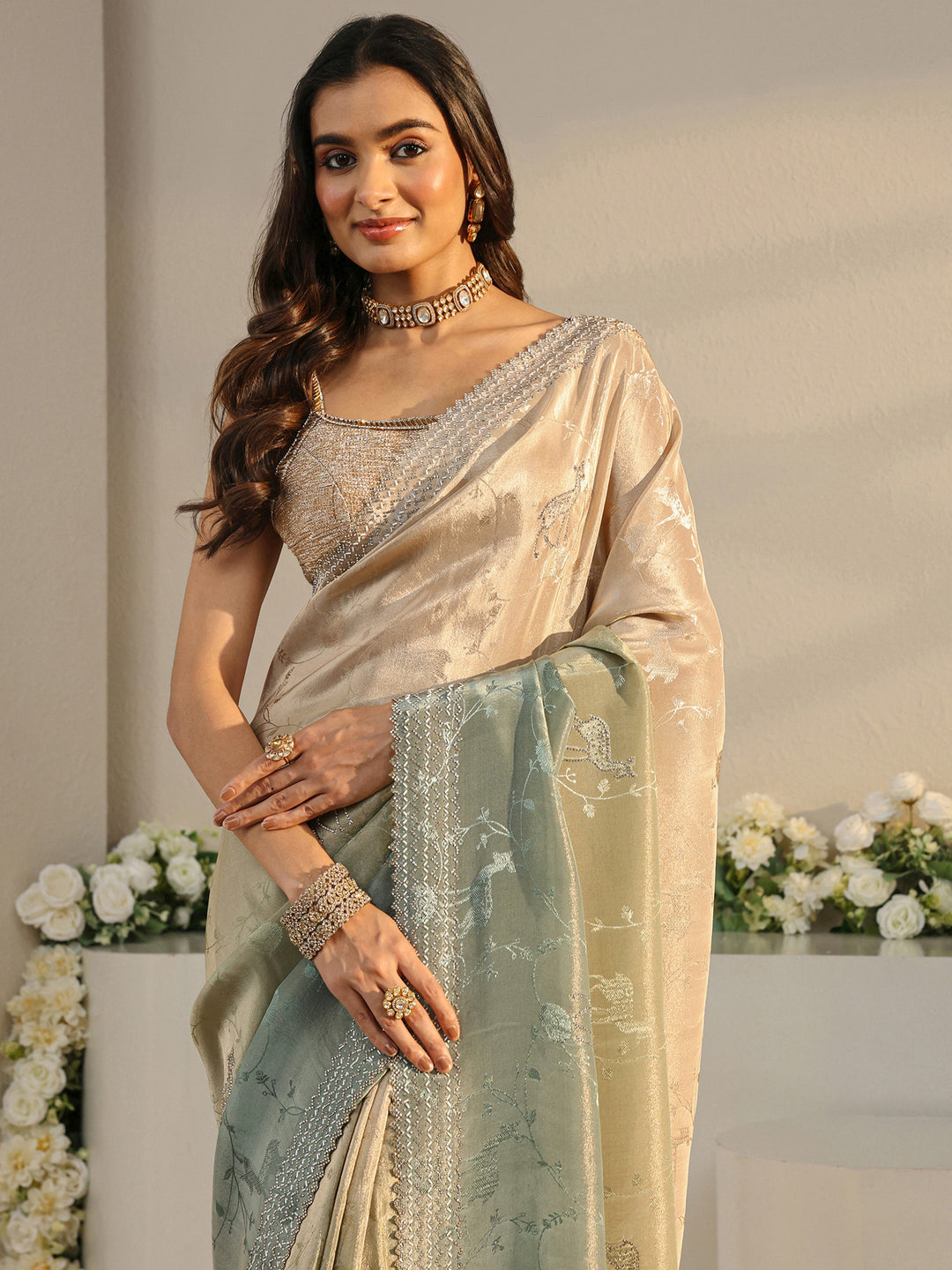 Libas Art Green Floral Woven Design Ombre Satin Saree With Unstitched Blouse Piece