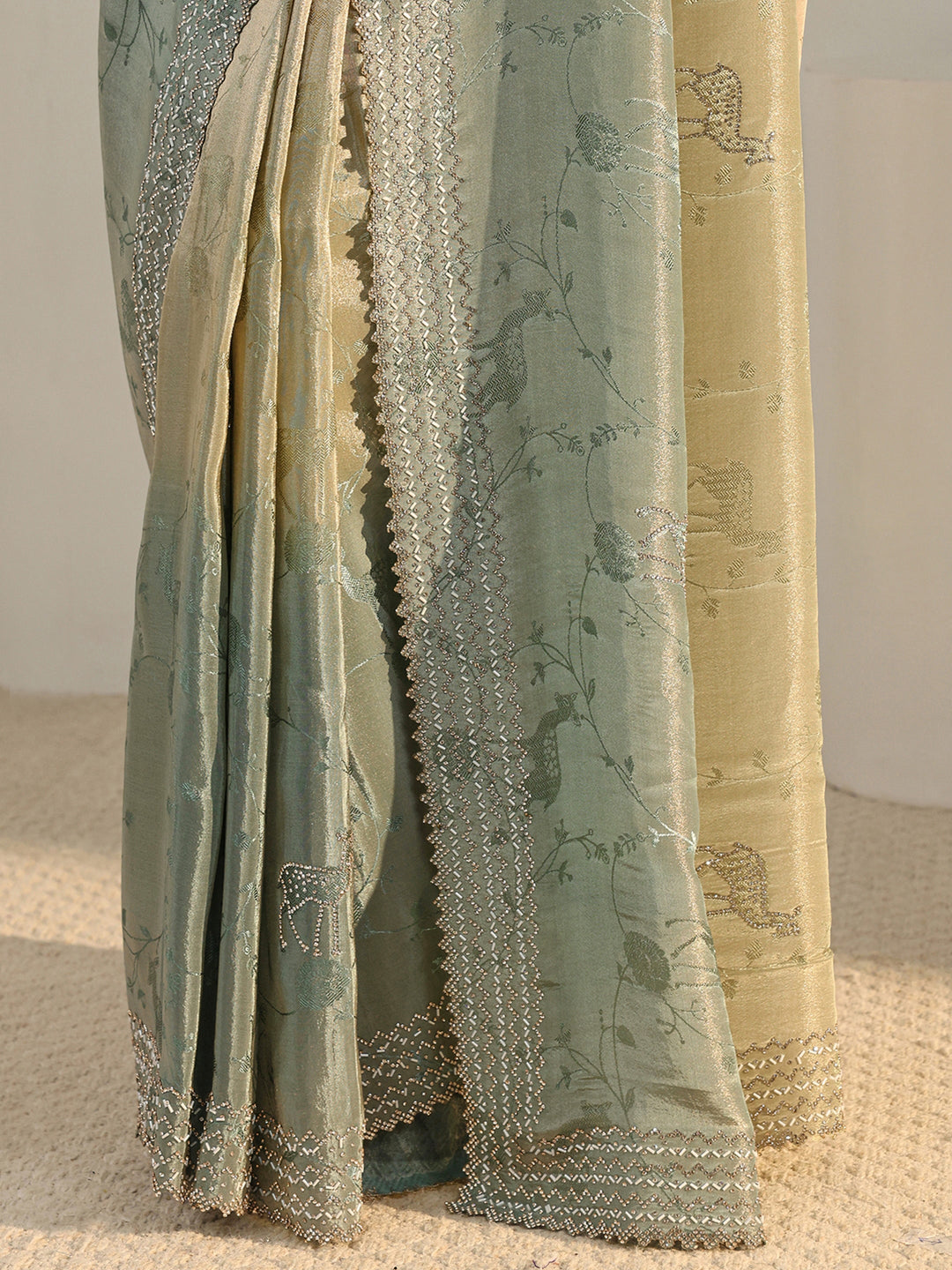 Libas Art Green Floral Woven Design Ombre Satin Saree With Unstitched Blouse Piece
