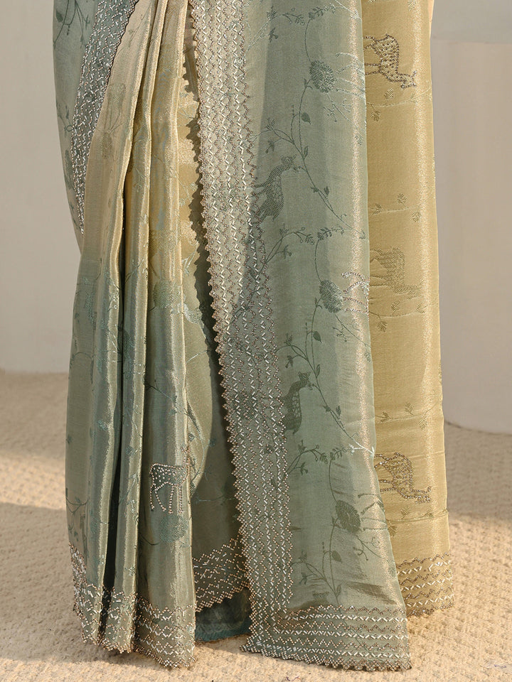 Libas Art Green Floral Woven Design Ombre Satin Saree With Unstitched Blouse Piece
