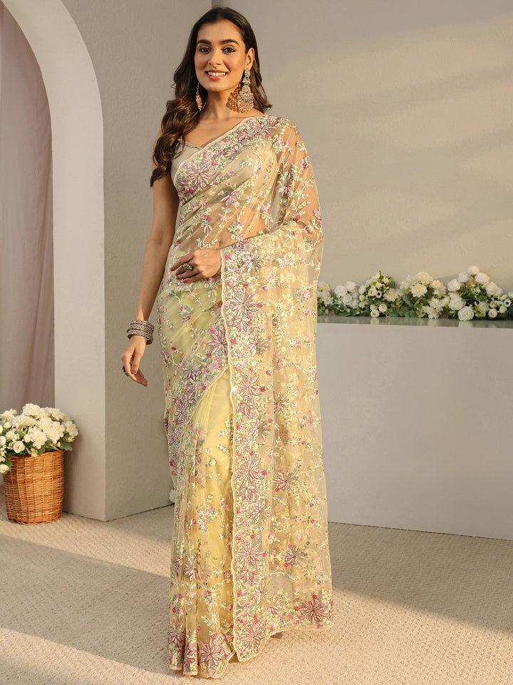 Libas Art Green Floral Embroidered Net Saree With Unstitched Blouse Piece