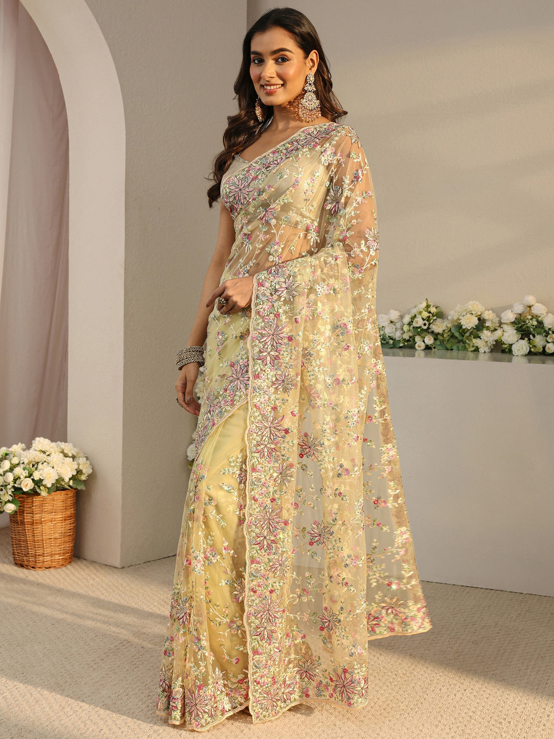 Libas Art Green Floral Embroidered Net Saree With Unstitched Blouse Piece