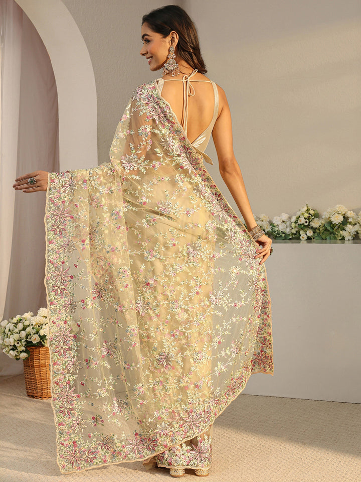 Libas Art Green Floral Embroidered Net Saree With Unstitched Blouse Piece