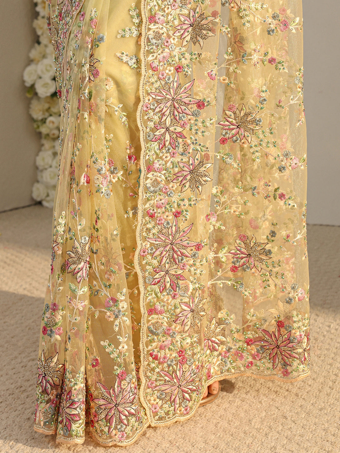 Libas Art Green Floral Embroidered Net Saree With Unstitched Blouse Piece