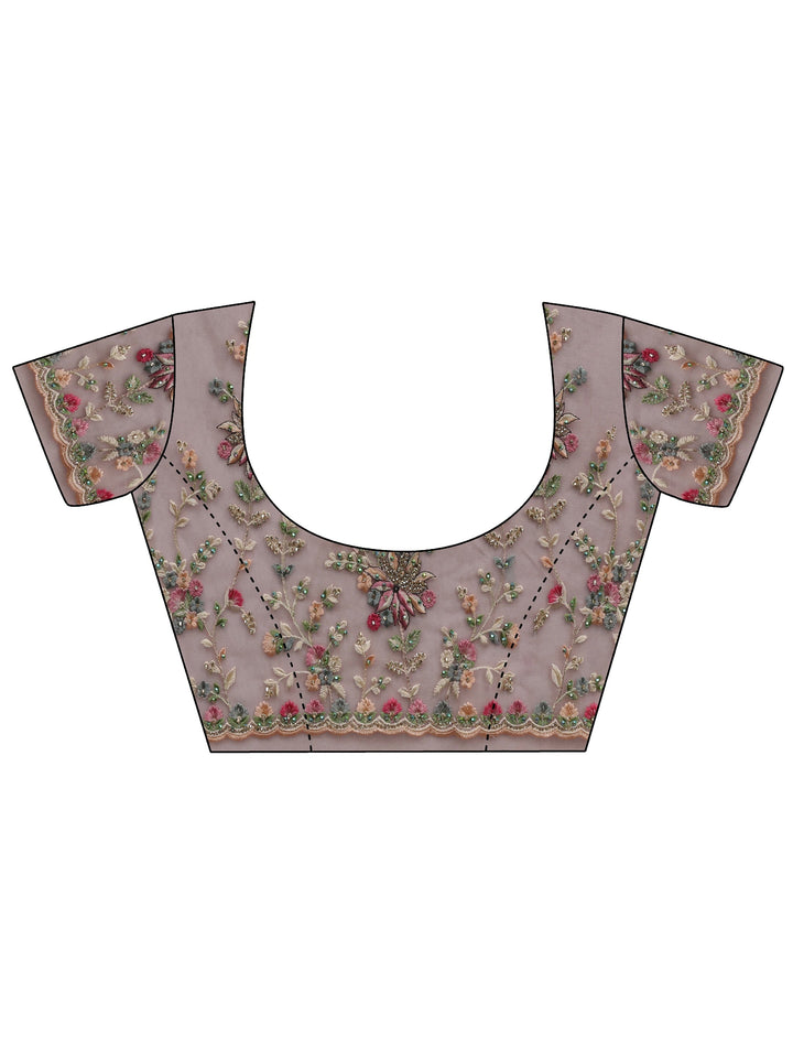 Libas Art Pink Floral Embroidered Net Saree With Unstitched Blouse Piece
