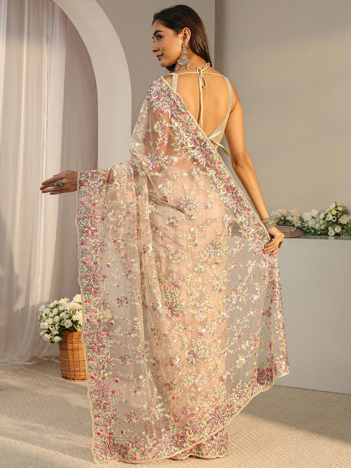 Libas Art Ivory Floral Embroidered Net Saree With Unstitched Blouse Piece