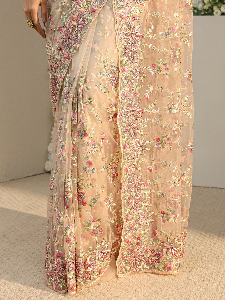 Libas Art Ivory Floral Embroidered Net Saree With Unstitched Blouse Piece