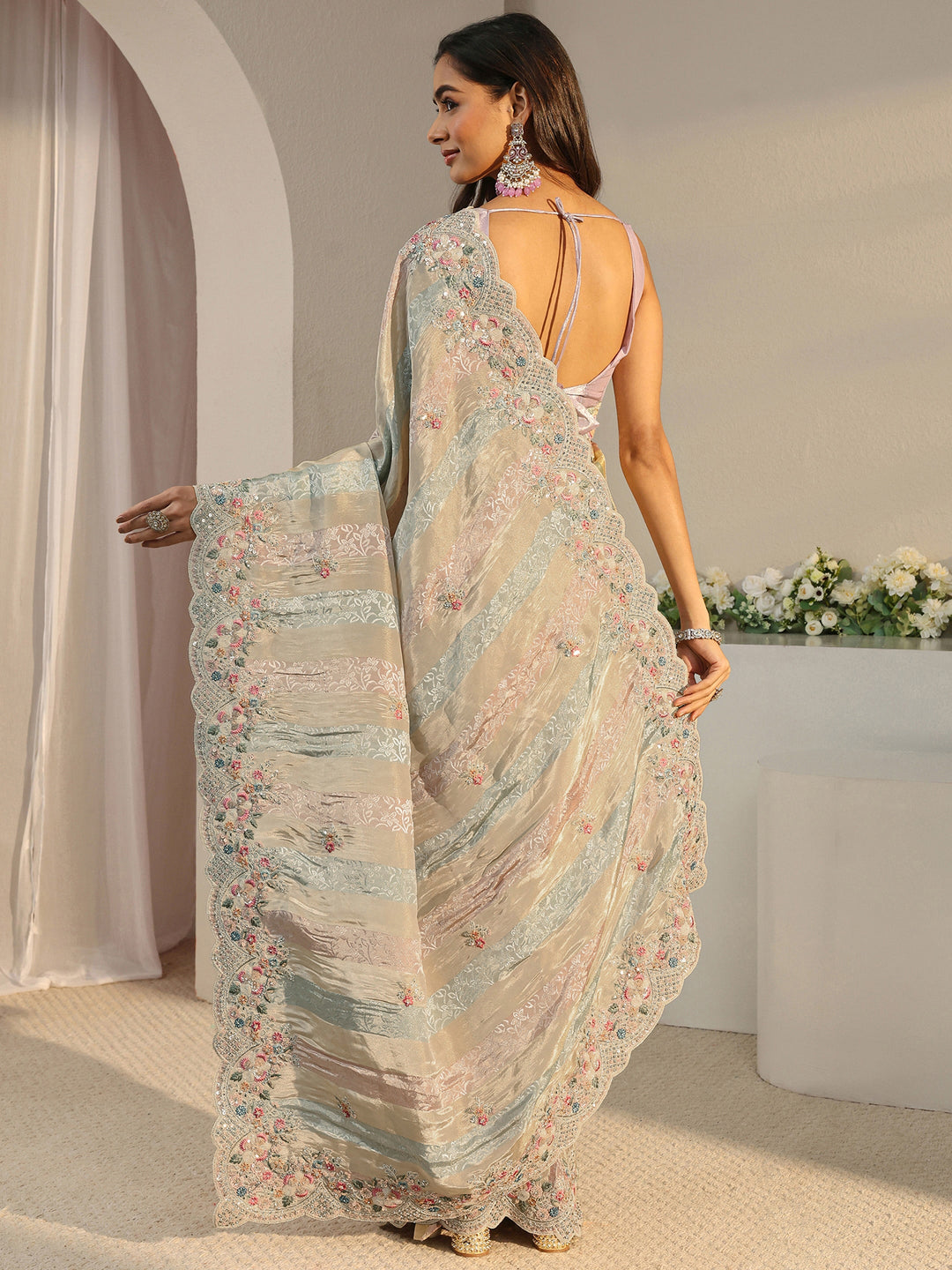 Libas Art Multi Floral Embroidered Tissue Saree With Unstitched Blouse Piece