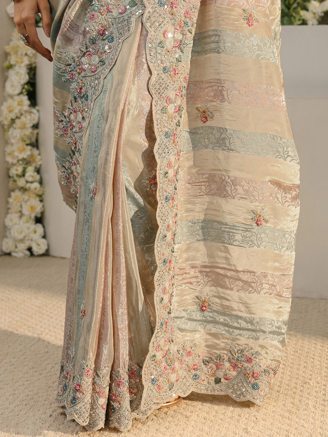 Libas Art Multi Floral Embroidered Tissue Saree With Unstitched Blouse Piece