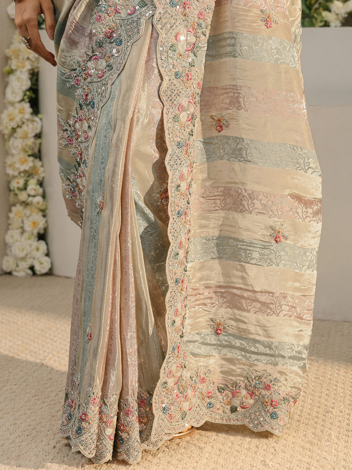 Libas Art Multi Floral Embroidered Tissue Saree With Unstitched Blouse Piece