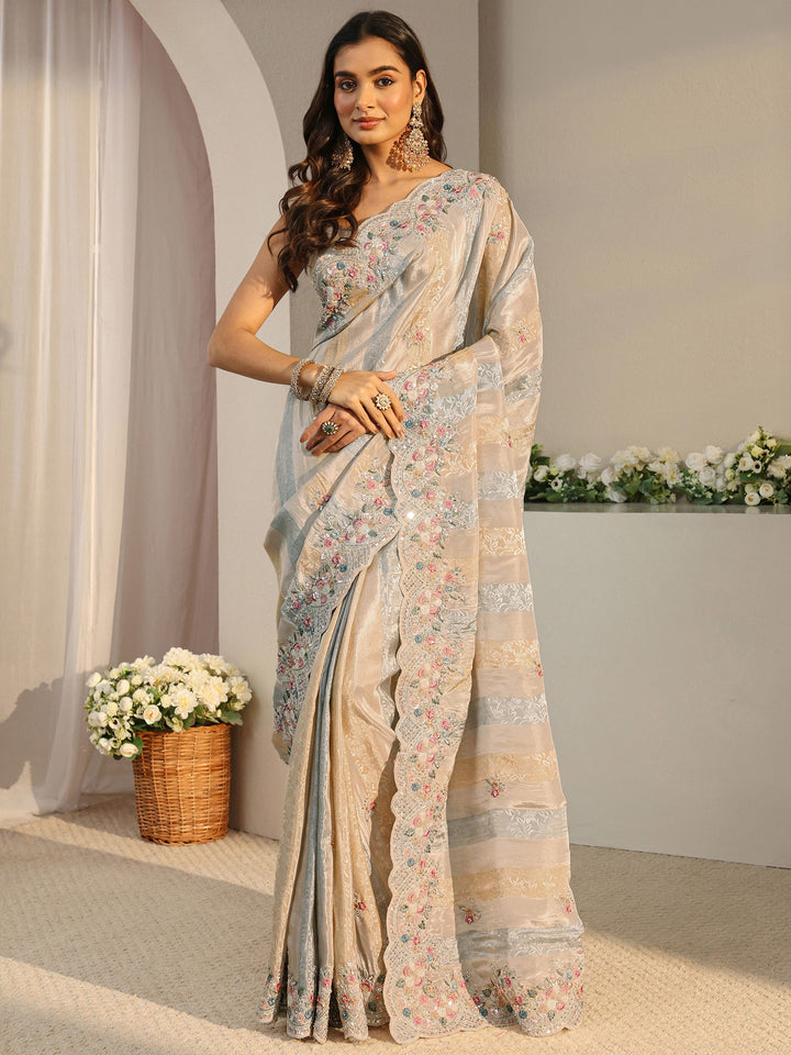 Libas Art Multi Floral Embroidered Tissue Saree With Unstitched Blouse Piece