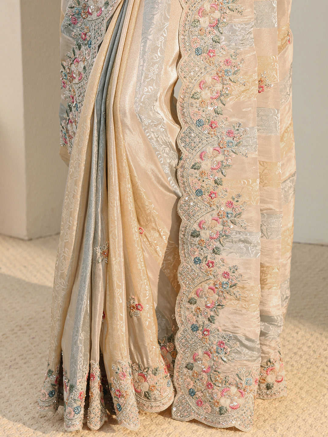 Libas Art Multi Floral Embroidered Tissue Saree With Unstitched Blouse Piece