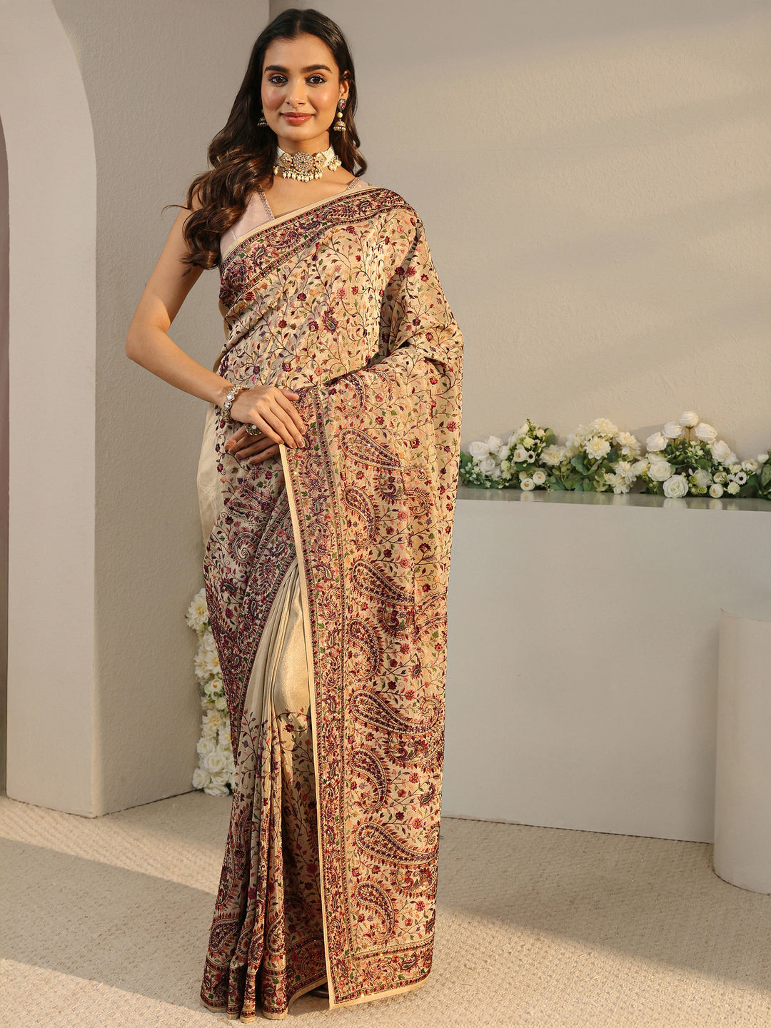 Libas Art Beige Floral Embroidered Satin Saree With Unstitched Blouse Piece