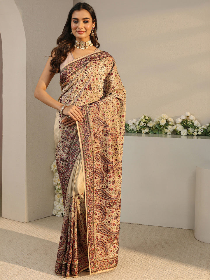 Libas Art Beige Floral Embroidered Satin Saree With Unstitched Blouse Piece