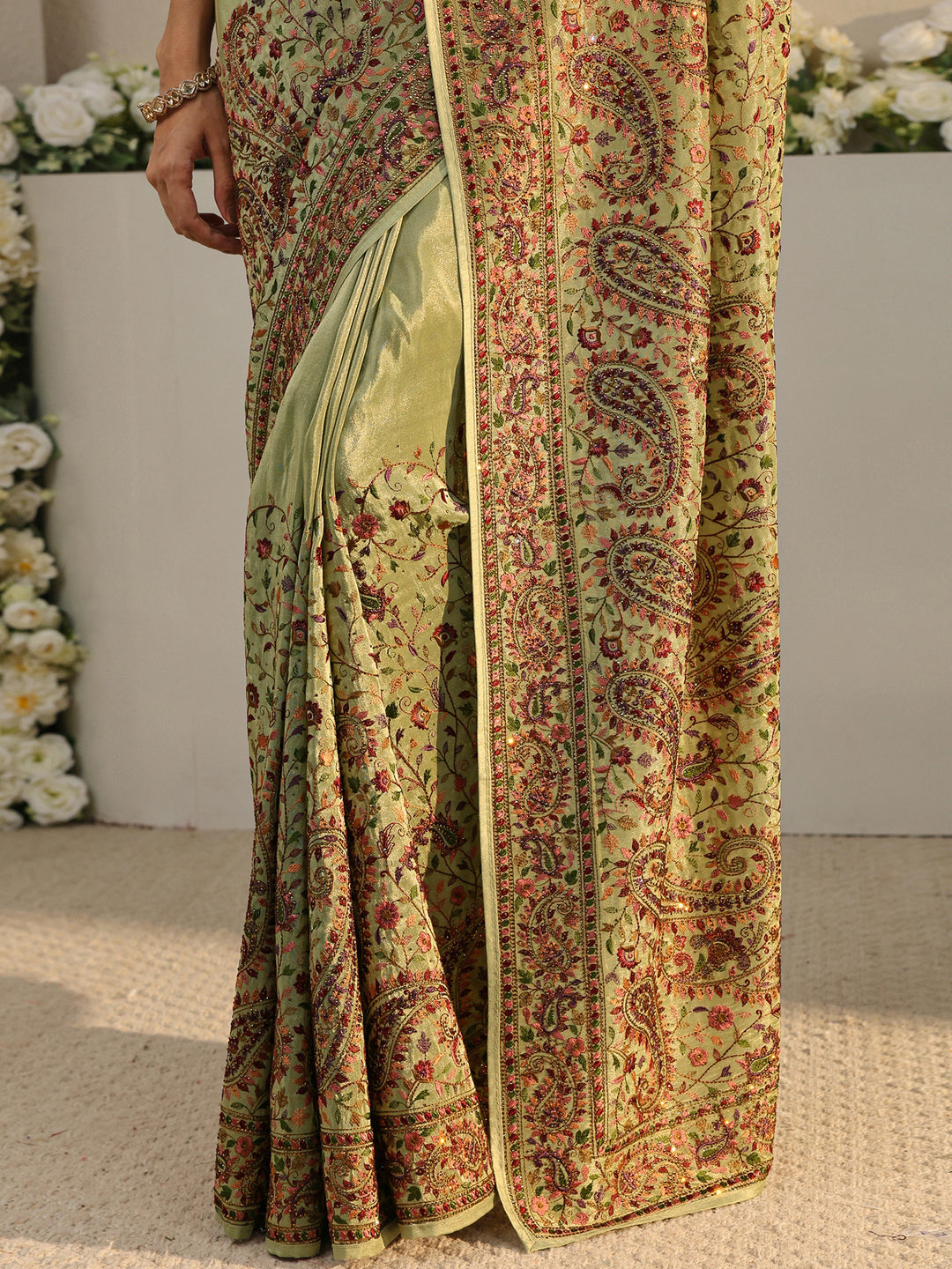 Libas Art Green Floral Embroidered Satin Saree With Unstitched Blouse Piece