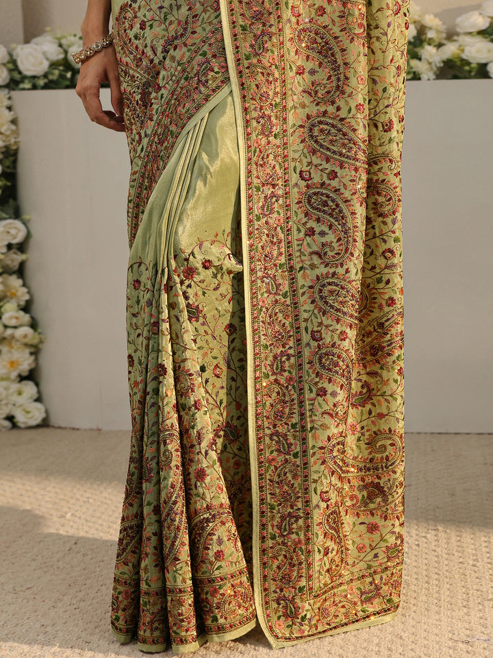 Libas Art Green Floral Embroidered Satin Saree With Unstitched Blouse Piece