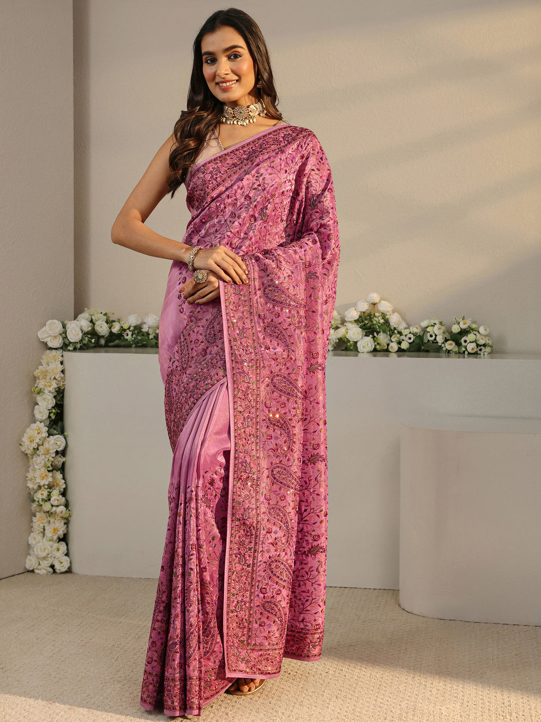 Libas Art Mauve Floral Embroidered Satin Saree With Unstitched Blouse Piece