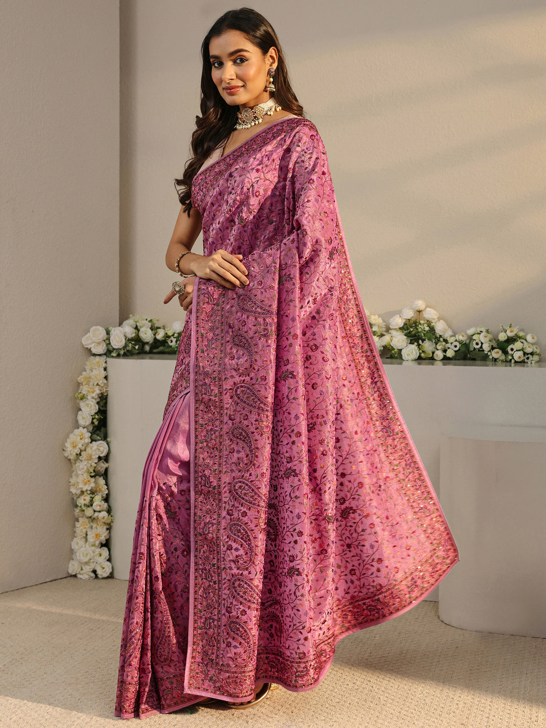 Libas Art Mauve Floral Embroidered Satin Saree With Unstitched Blouse Piece