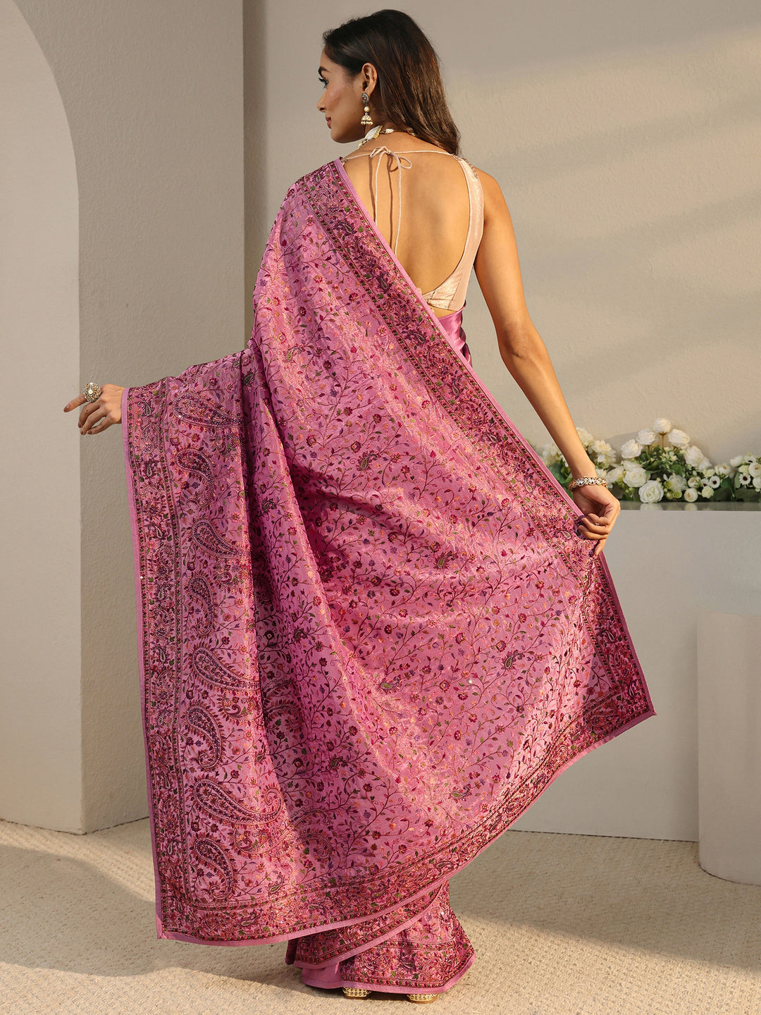 Libas Art Mauve Floral Embroidered Satin Saree With Unstitched Blouse Piece