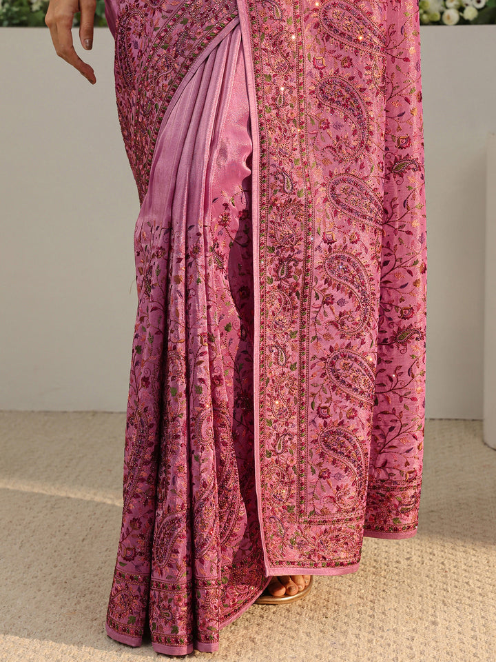 Libas Art Mauve Floral Embroidered Satin Saree With Unstitched Blouse Piece