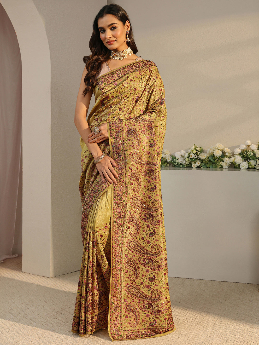 Libas Art Green Floral Embroidered Satin Saree With Unstitched Blouse Piece