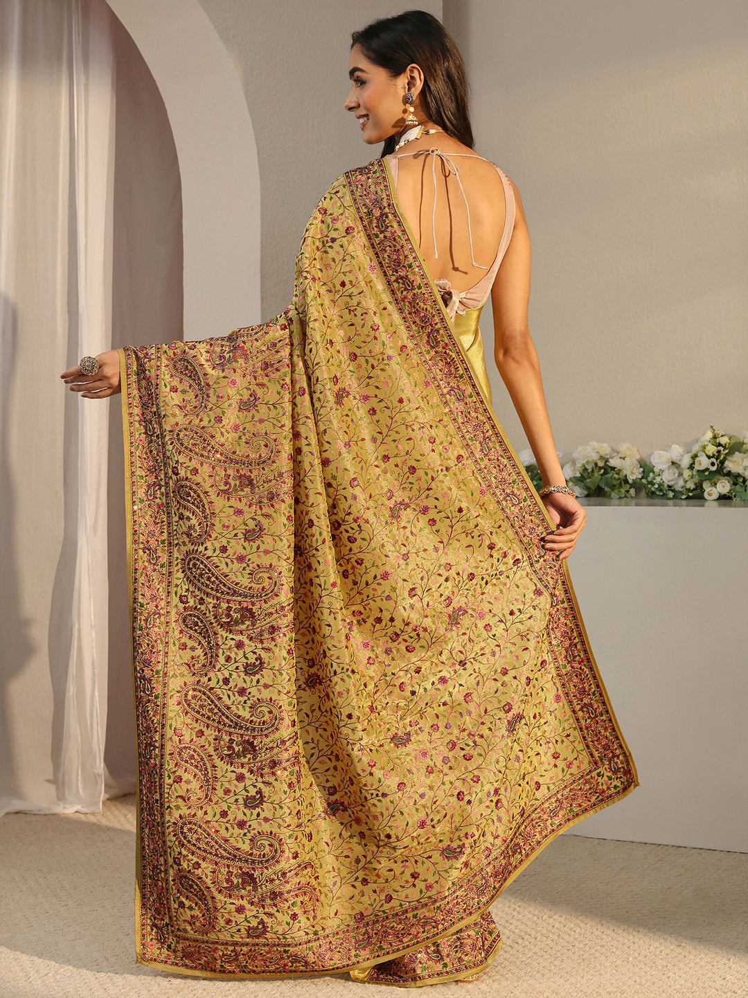 Libas Art Green Floral Embroidered Satin Saree With Unstitched Blouse Piece