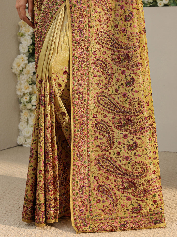 Libas Art Green Floral Embroidered Satin Saree With Unstitched Blouse Piece