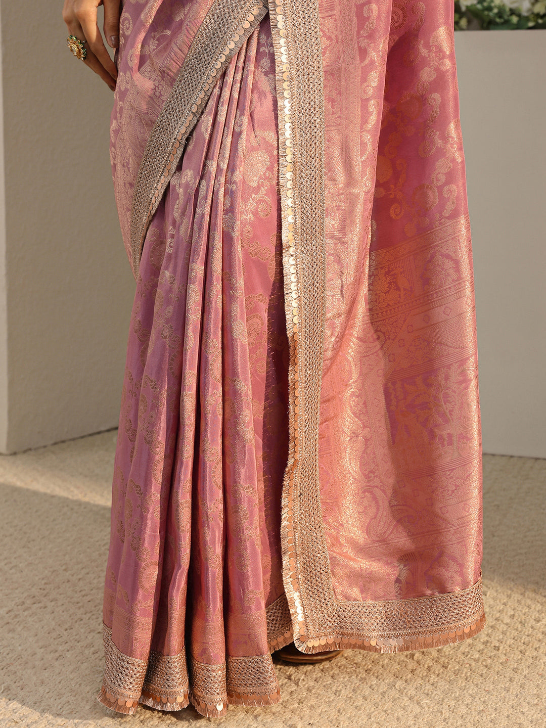 Libas Art Pink Floral Woven Design Silk Blend Saree With Unstitched Blouse Piece