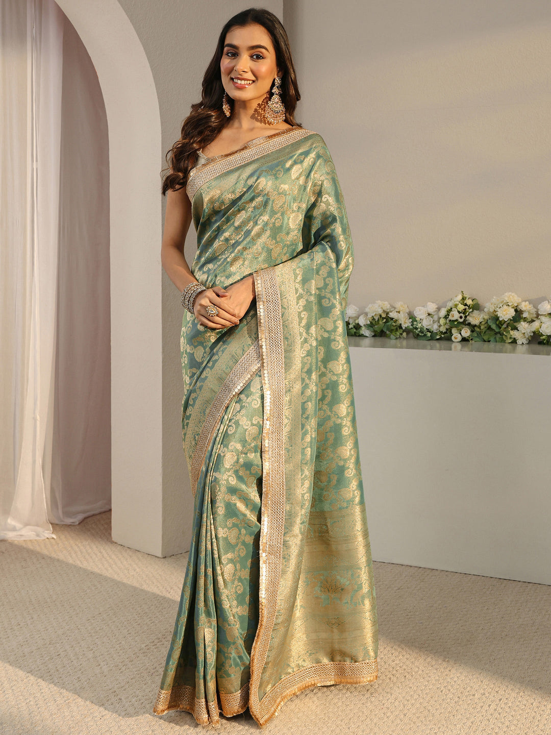 Libas Art Green Floral Woven Design Silk Blend Saree With Unstitched Blouse Piece