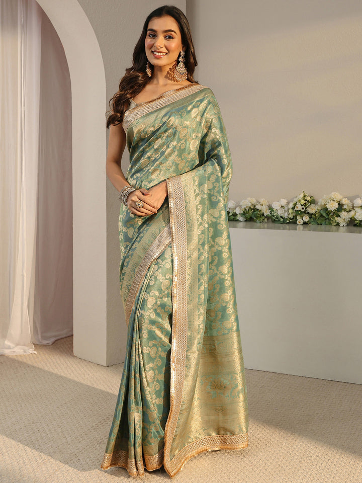 Libas Art Green Floral Woven Design Silk Blend Saree With Unstitched Blouse Piece