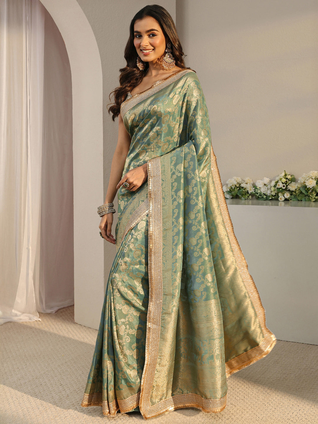 Libas Art Green Floral Woven Design Silk Blend Saree With Unstitched Blouse Piece