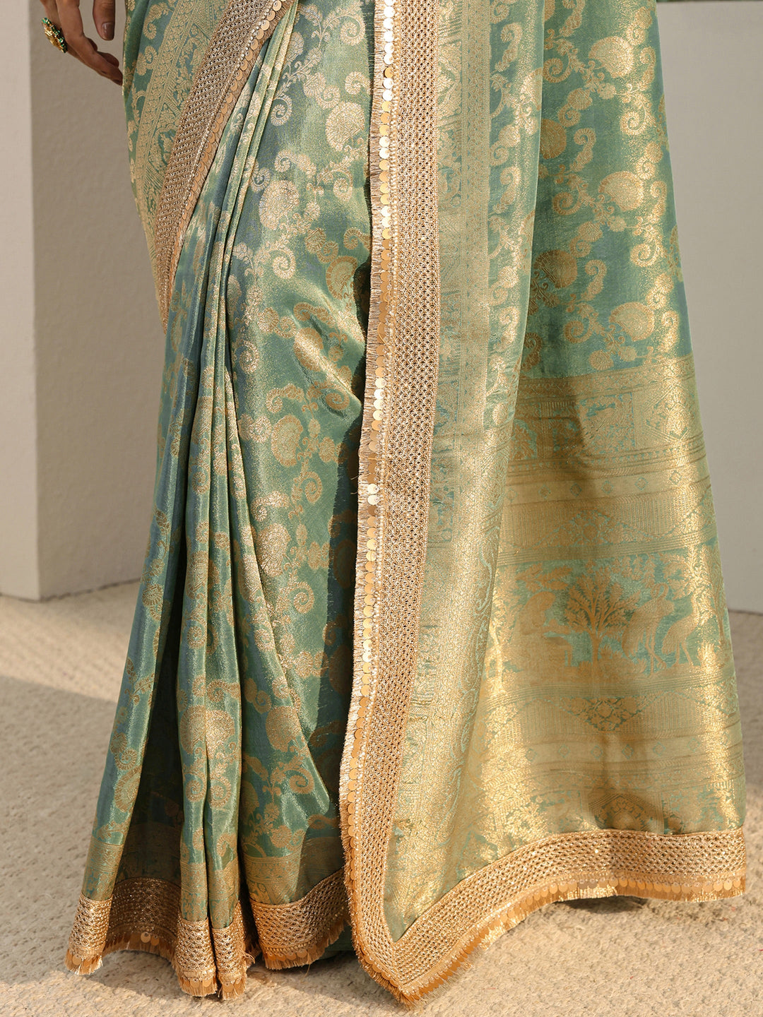 Libas Art Green Floral Woven Design Silk Blend Saree With Unstitched Blouse Piece