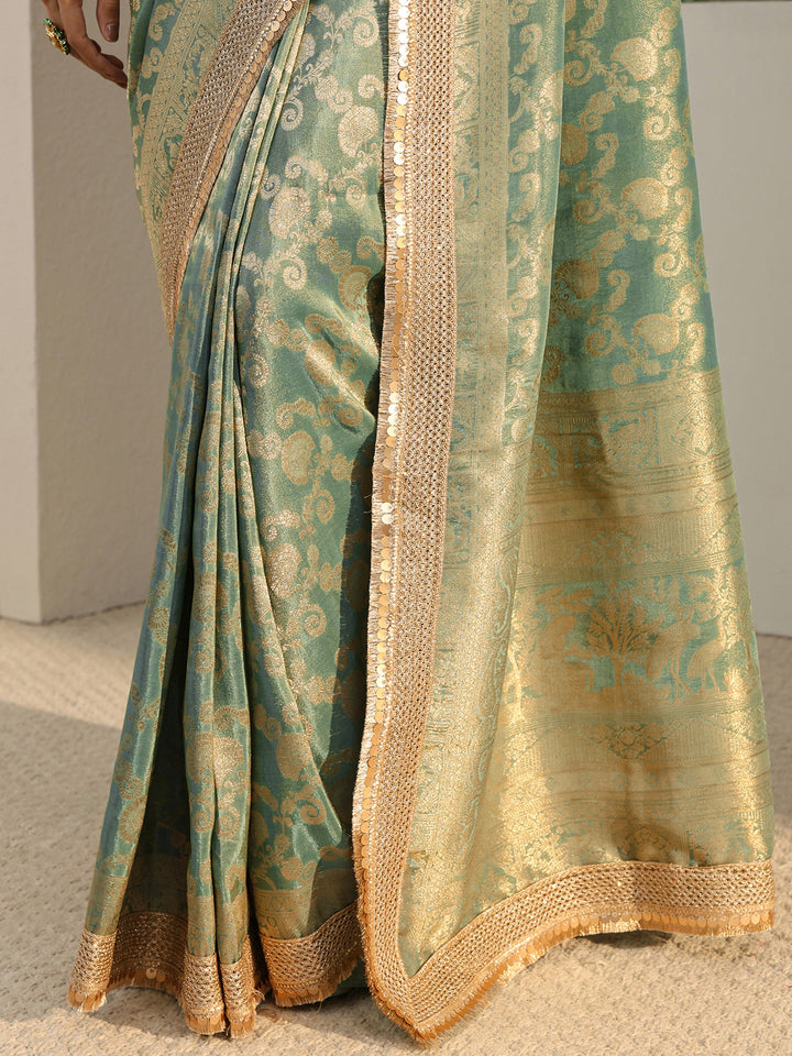Libas Art Green Floral Woven Design Silk Blend Saree With Unstitched Blouse Piece