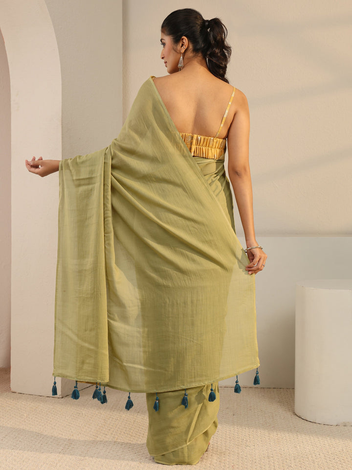 Green Solid Cotton Tassel Saree