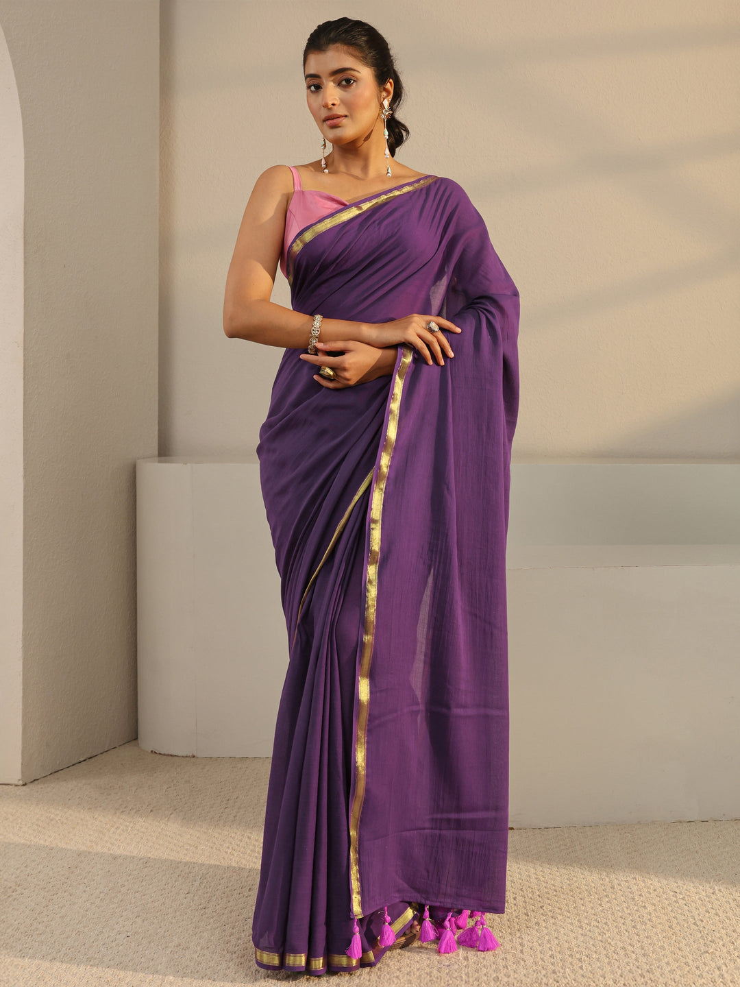 Purple Solid Cotton Tassel Saree With Unstitched Blouse Piece