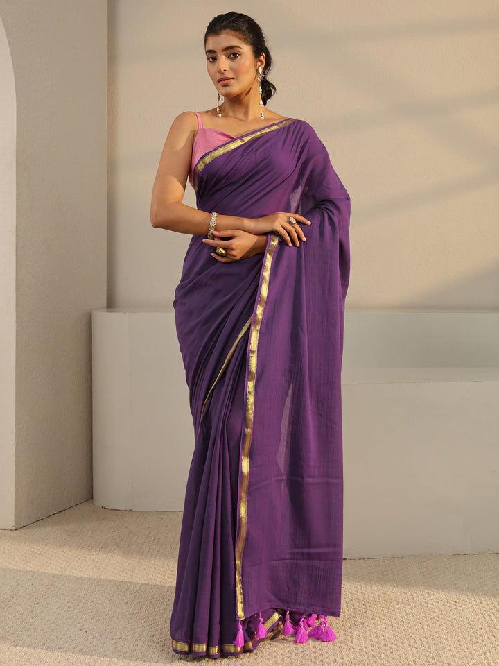 Purple Solid Cotton Tassel Saree With Unstitched Blouse Piece