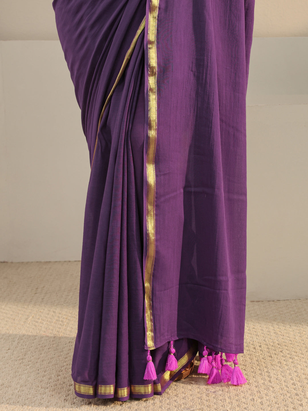 Purple Solid Cotton Tassel Saree With Unstitched Blouse Piece