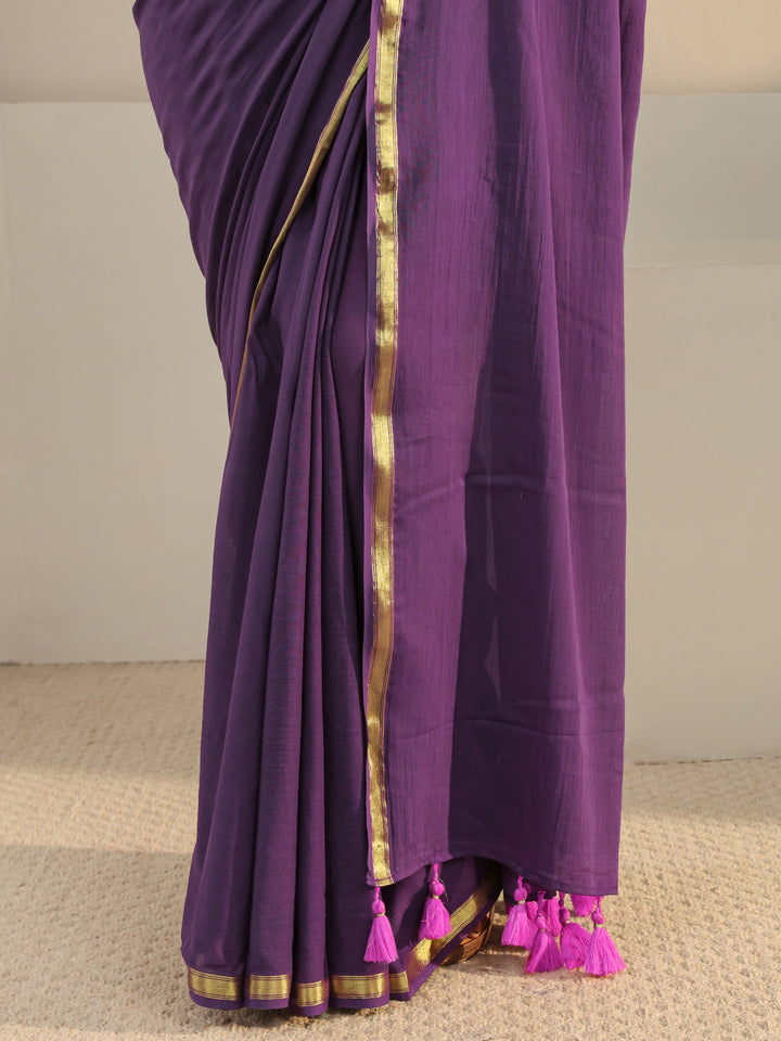 Purple Solid Cotton Tassel Saree With Unstitched Blouse Piece