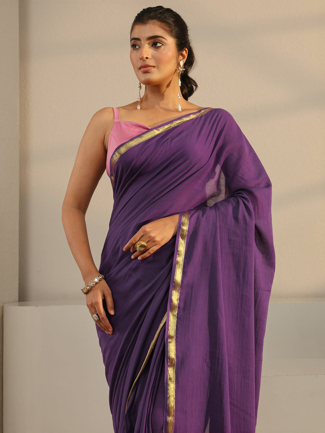 Purple Solid Cotton Tassel Saree With Unstitched Blouse Piece