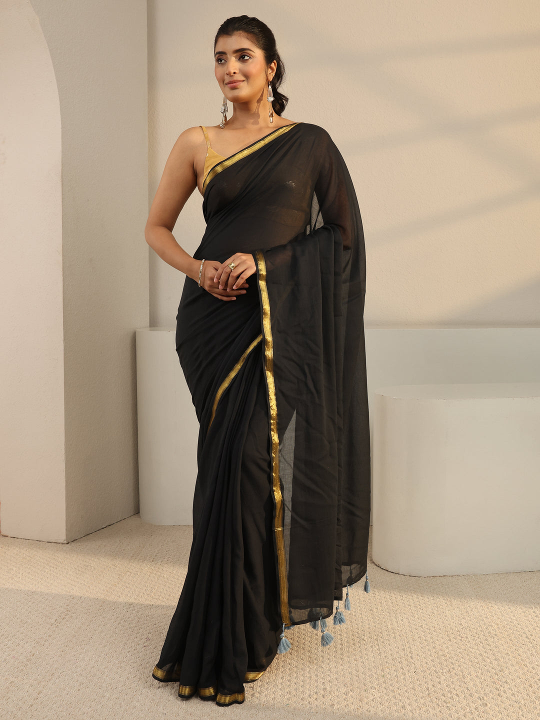 Black Solid Cotton Tassel Saree With Unstitched Blouse Piece