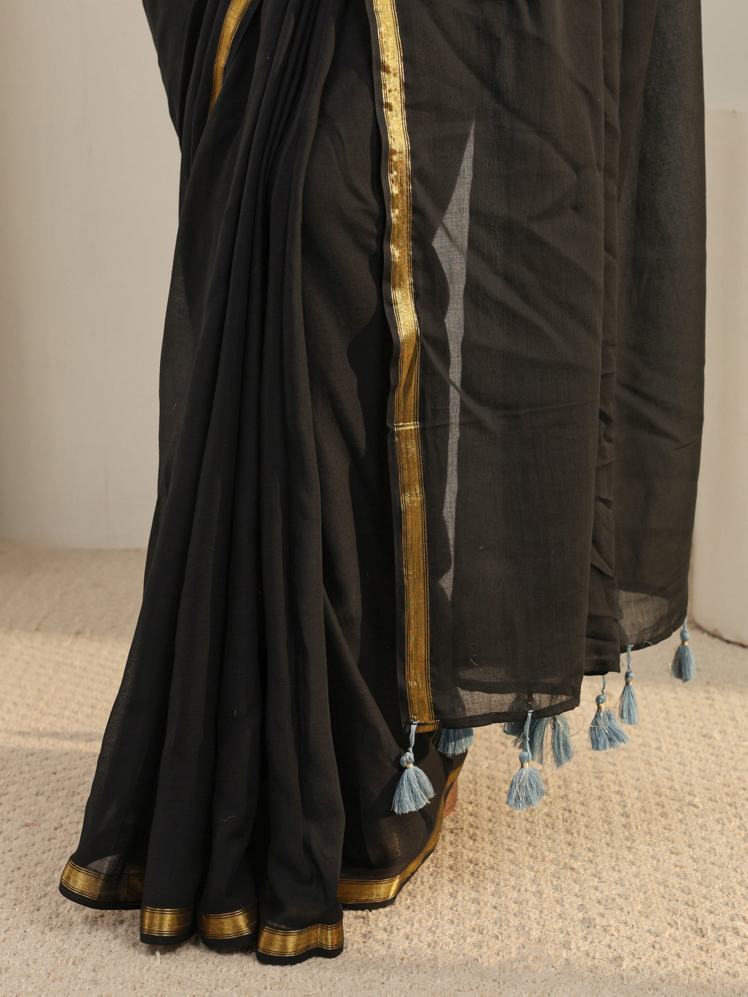 Black Solid Cotton Tassel Saree With Unstitched Blouse Piece