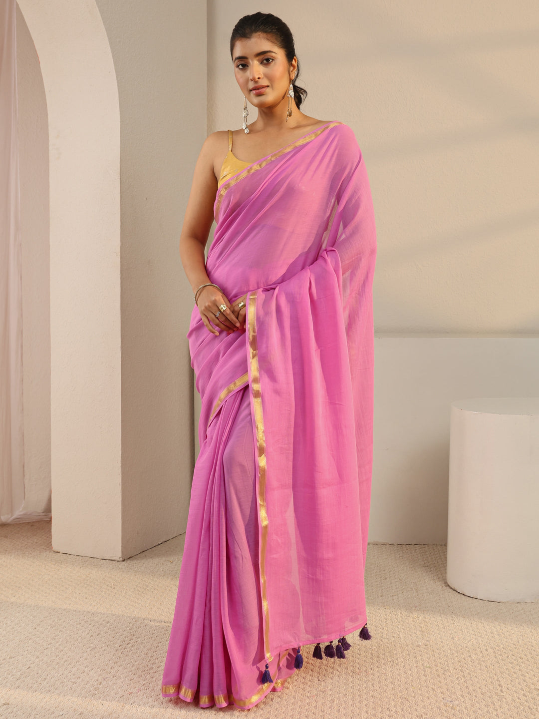 Pink Solid Cotton Tassel Saree With Unstitched Blouse Piece