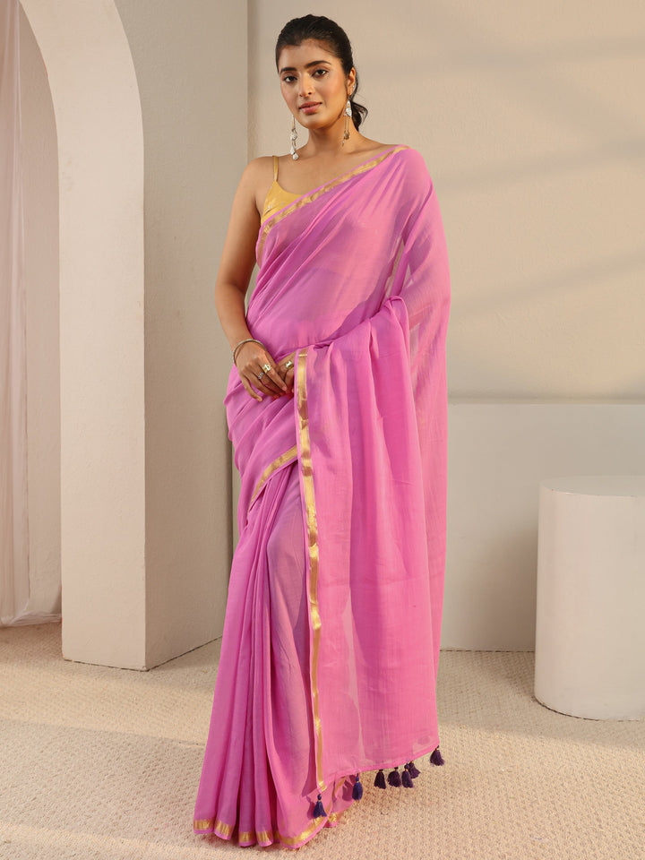 Pink Solid Cotton Tassel Saree With Unstitched Blouse Piece