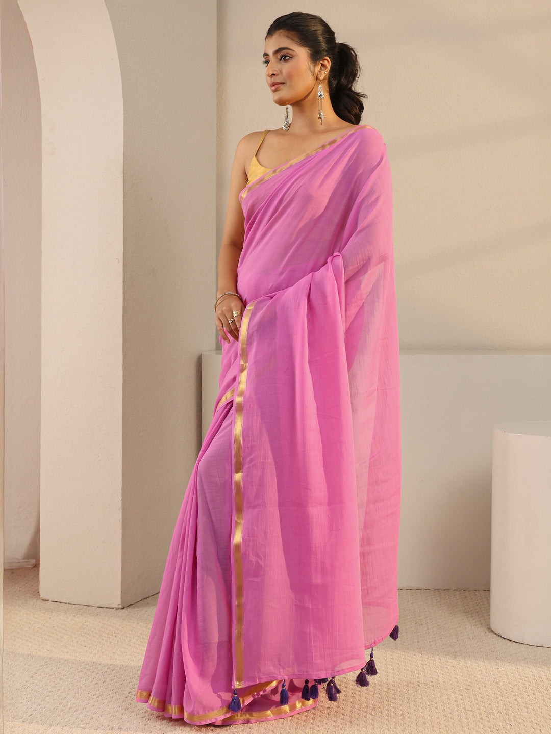 Pink Solid Cotton Tassel Saree With Unstitched Blouse Piece