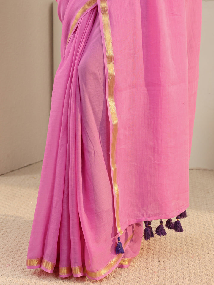 Pink Solid Cotton Tassel Saree With Unstitched Blouse Piece