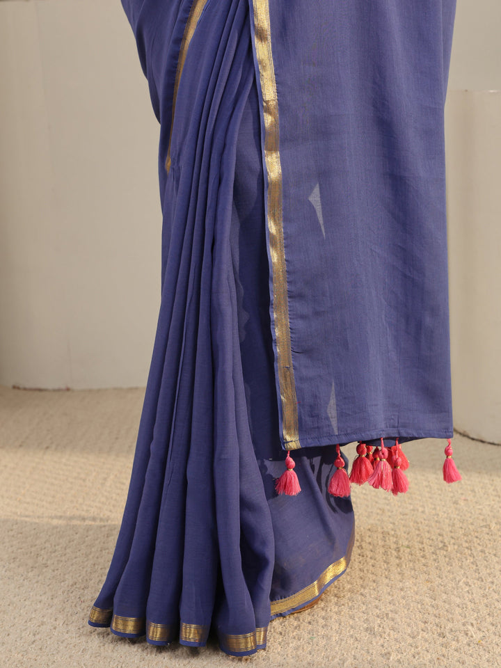 Blue Solid Cotton Tassel Saree With Unstitched Blouse Piece