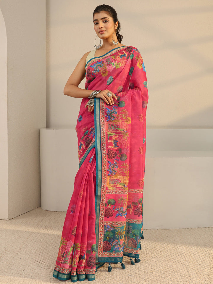 Pink Tribal Printed Silk Blend Tassel Saree With Unstitched Blouse Piece